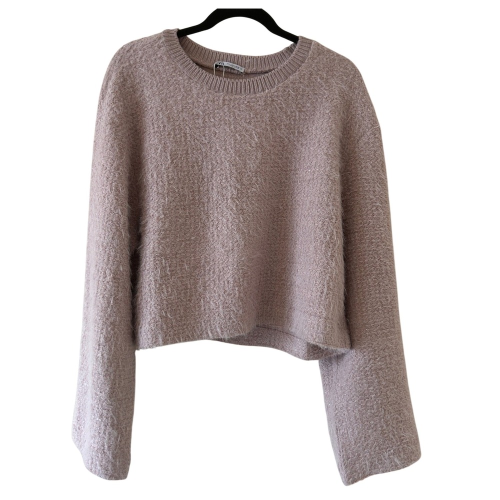 Zara Lilac Fuzzy Metallic Shimmer Cropped Sweater Jumper bell Sleeve Large